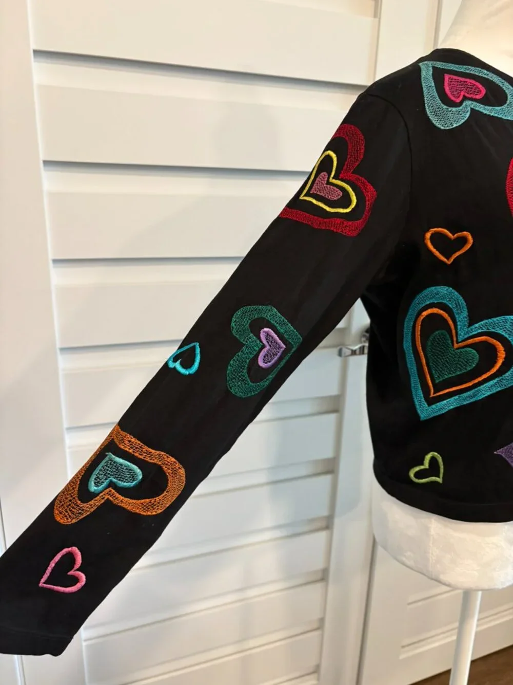Vintage Michael Simon Heart Embroidered Black Cotton Cardigan Small 90s y2k